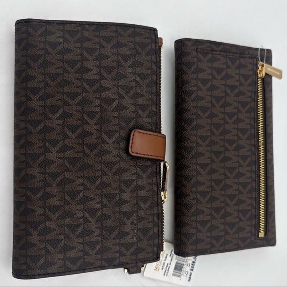 Michael Kors Lg Double Zip Wallet Wristlet & Trifold Wallet Brown | BUNDLE DEAL - Picture 3 of 13